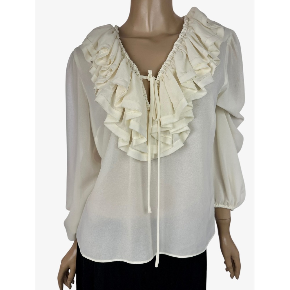 WAYF Cream Ruffle Tie Neck Bishop Sleeve Chiffon Blouse Medium Off White